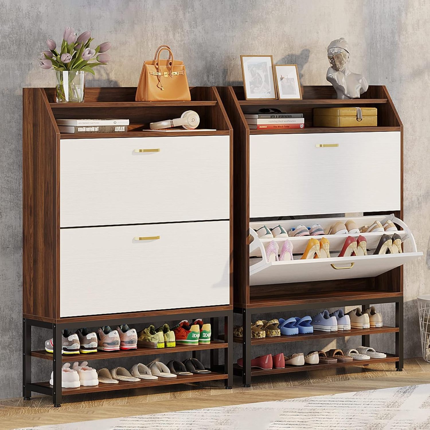 Freestanding Shoe Organizer for Entryway, Slim Shoe Storage Cabinet with 2 Flip Drawers & Open Storage Shelves