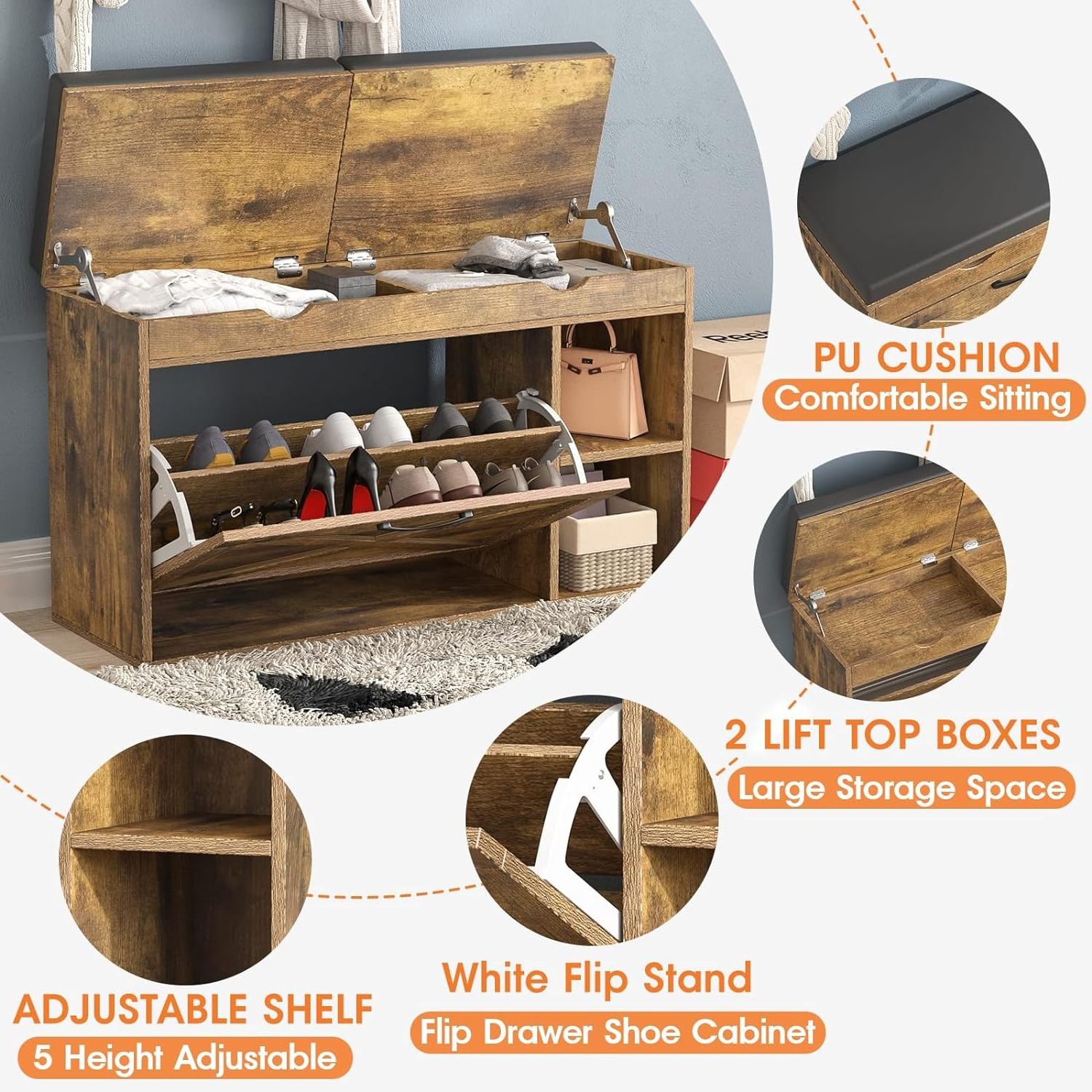 Wooden entryway double layer shoe cabinet bench with 2 lift top storage boxes and adjustable shelf