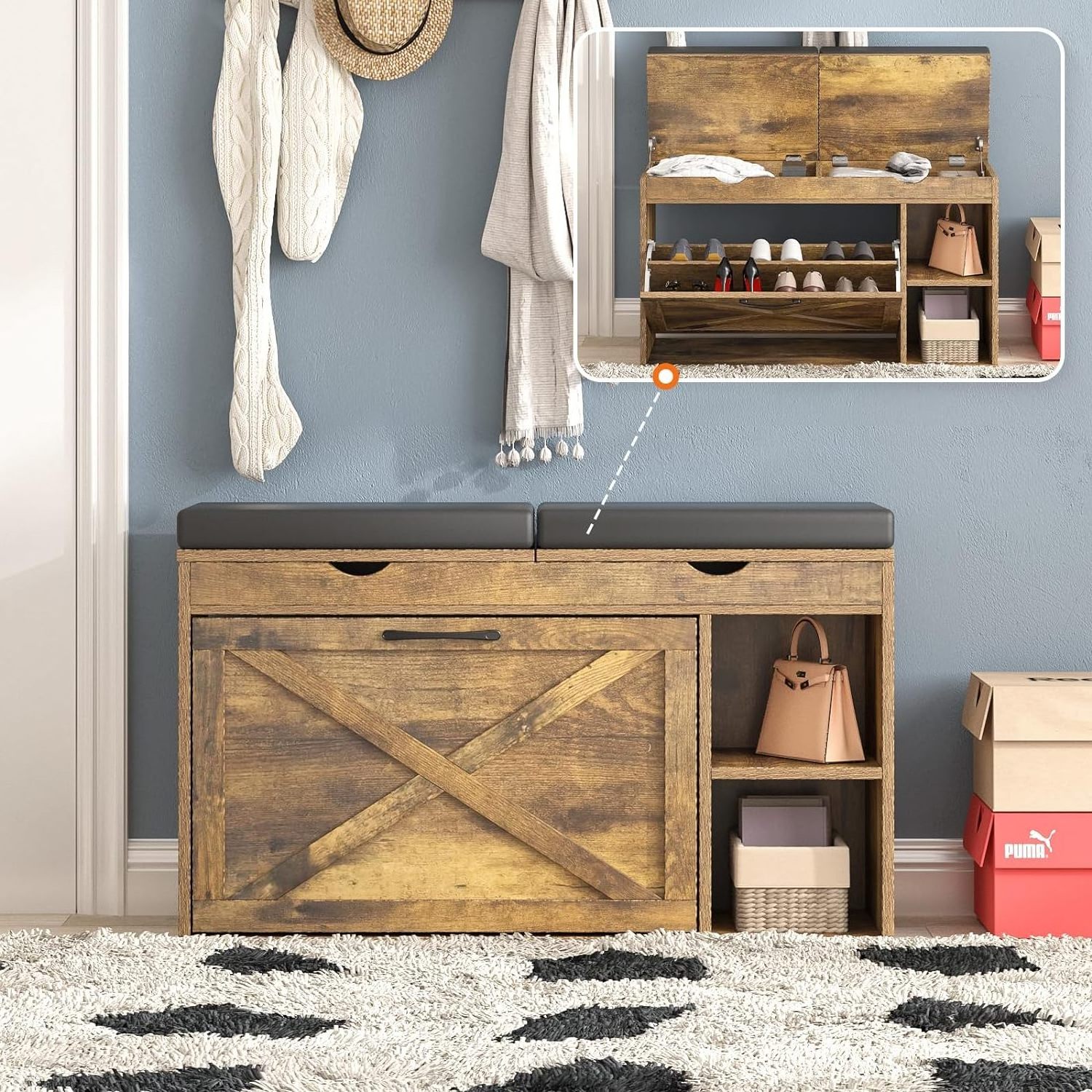 Wooden entryway double layer shoe cabinet bench with 2 lift top storage boxes and adjustable shelf