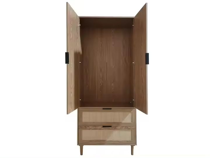 Open Door Two Drawer Bedroom Furniture Modern Design Wooden Rattan Wardrobe