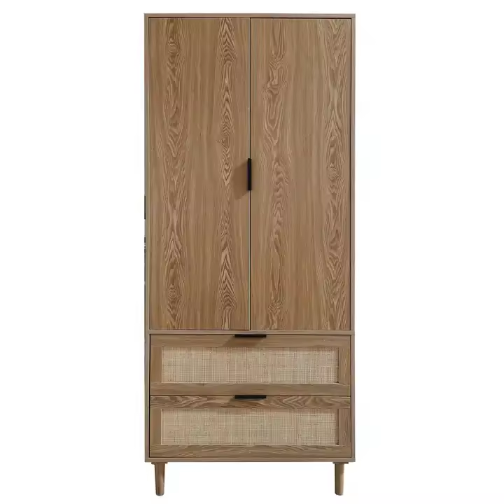 Open Door Two Drawer Bedroom Furniture Modern Design Wooden Rattan Wardrobe