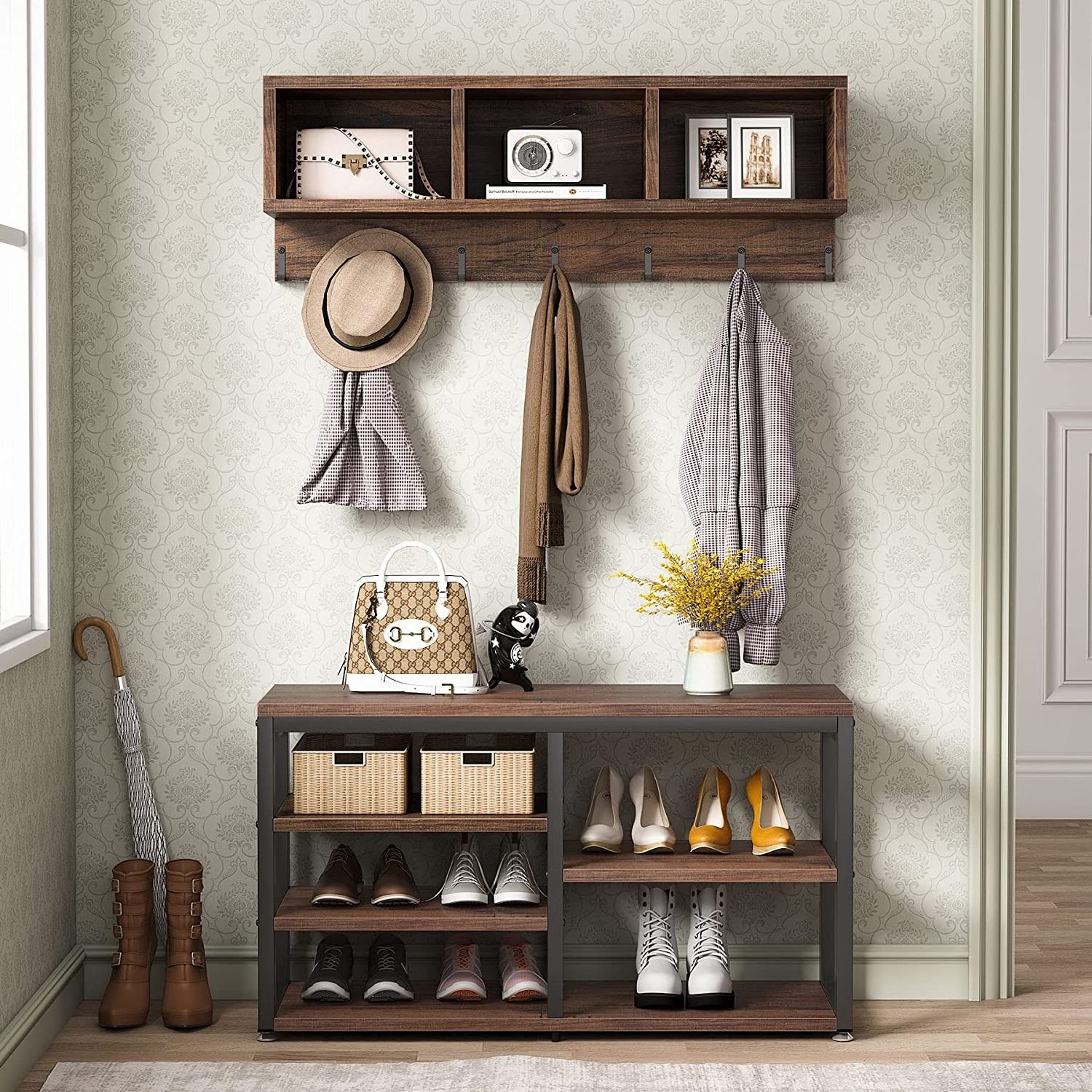 Entryway Industrial hall tree coat rack with shoe bench set with 7 hooks and metal frame for living room furniture