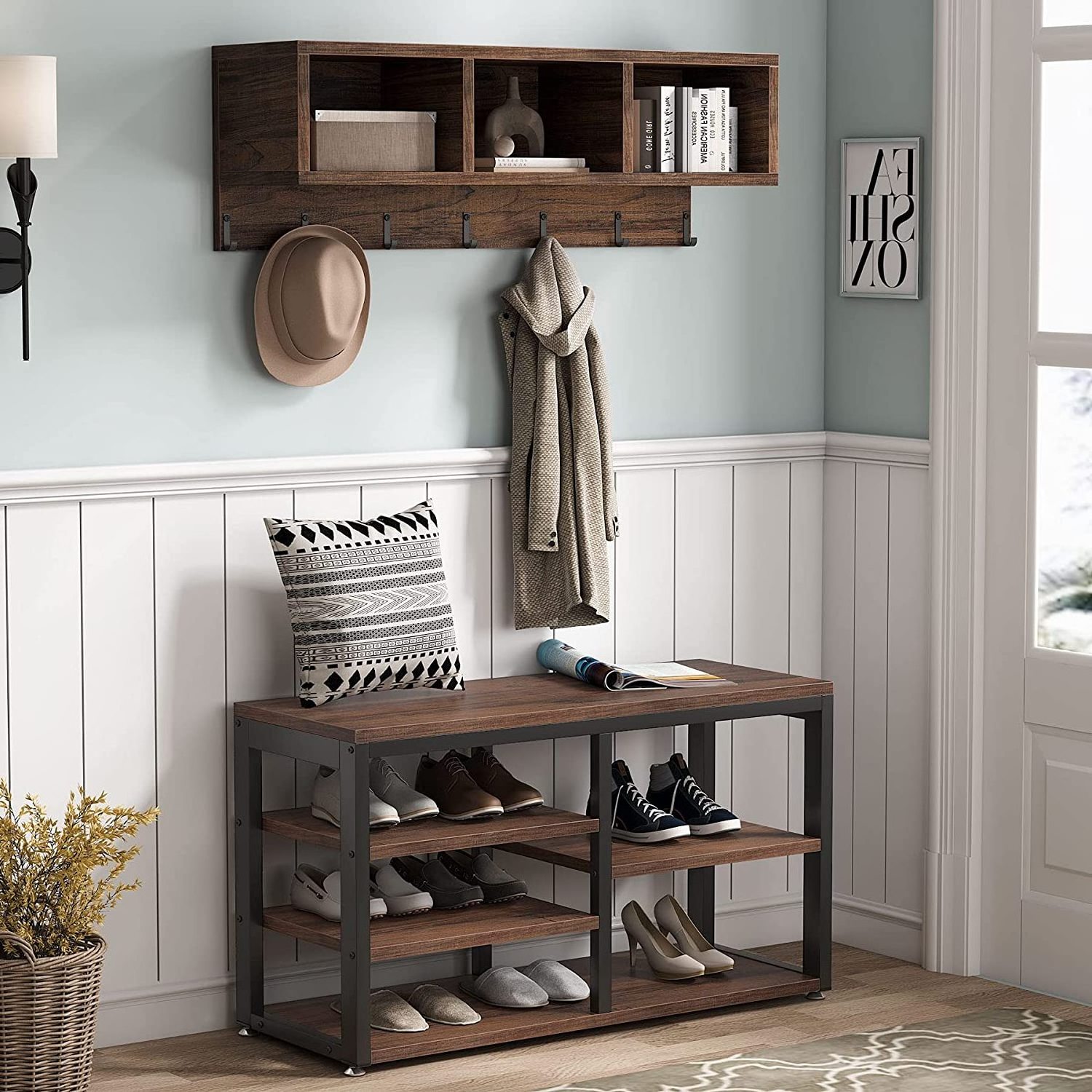 Entryway Industrial hall tree coat rack with shoe bench set with 7 hooks and metal frame for living room furniture