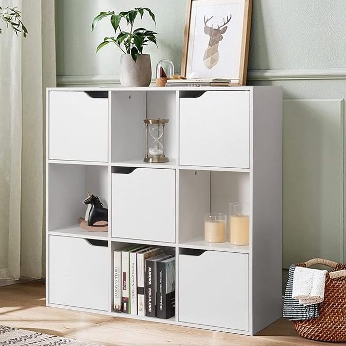 Wooden Bookcase Display Shelf, 3-Tier Storage Cabinet, 4 Open Cubes & 5 Doors, Bookshelf Storage Unit Organiser