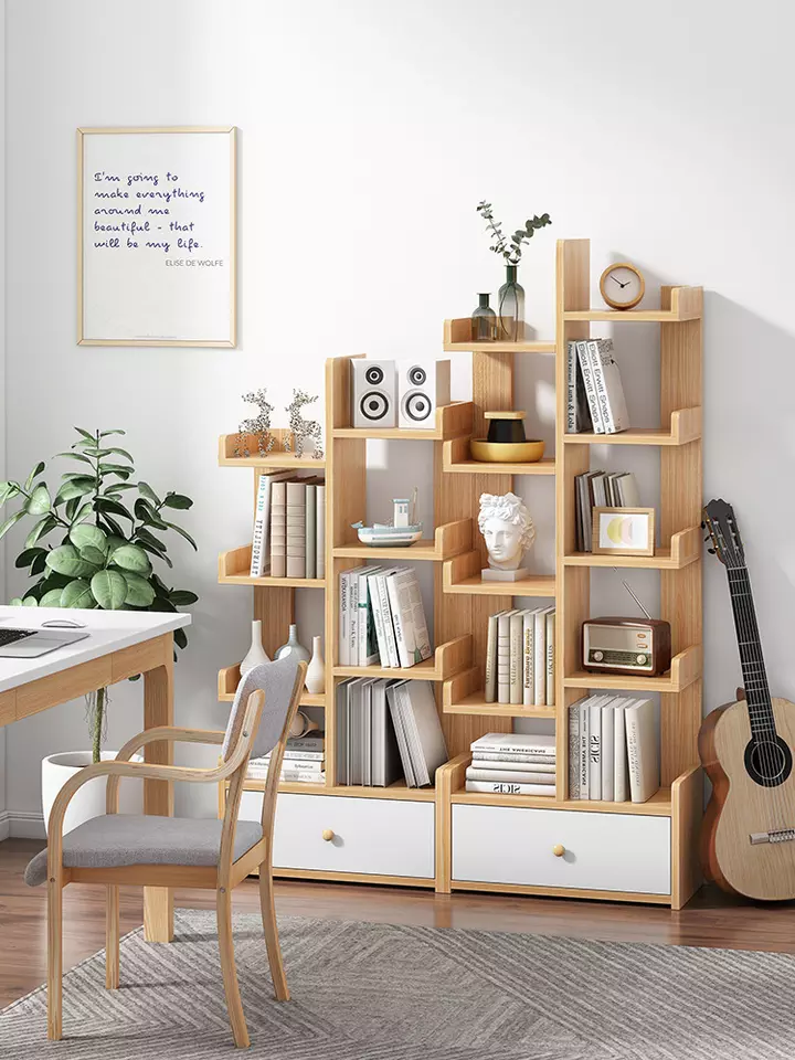 Ladder Narrow Modern Style Wood Book Shelves Simple Home Furniture Oak Color Bookcase Of Living Room