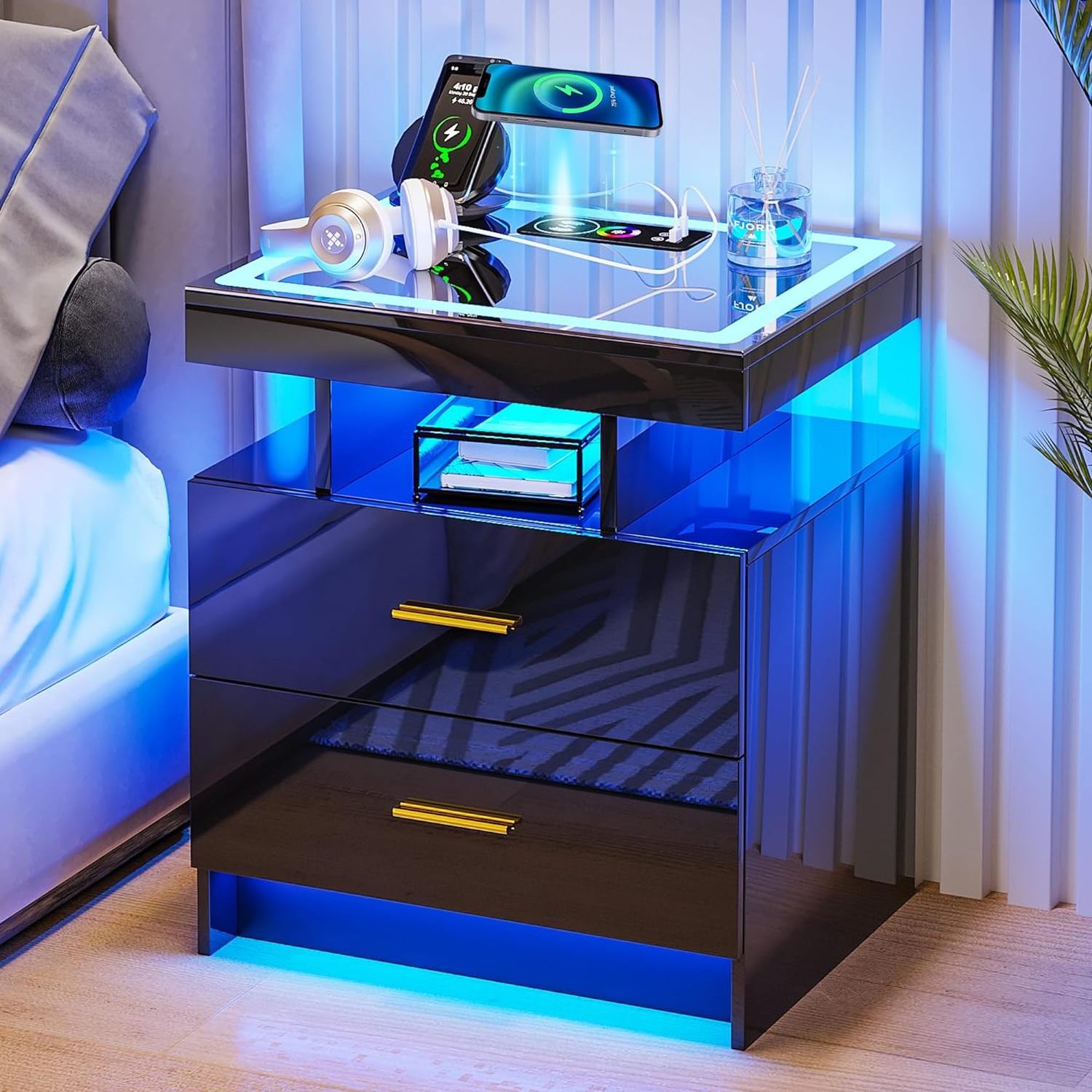 High gloss 2 drawers smart night stand with wireless charging station and USB ports for bedroom furniture