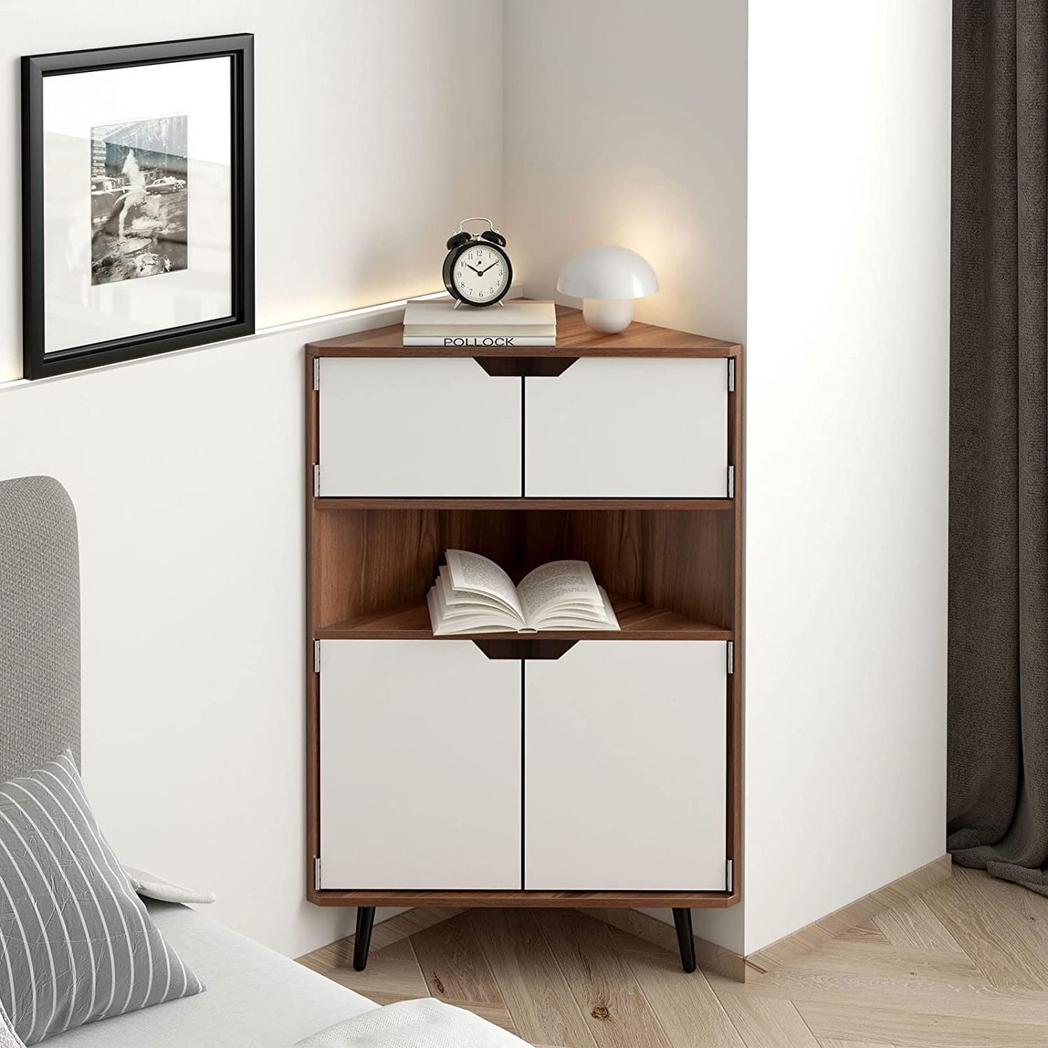 Triangle shape design corner storage cabinet with doors and shelves for small space home use living room furniture