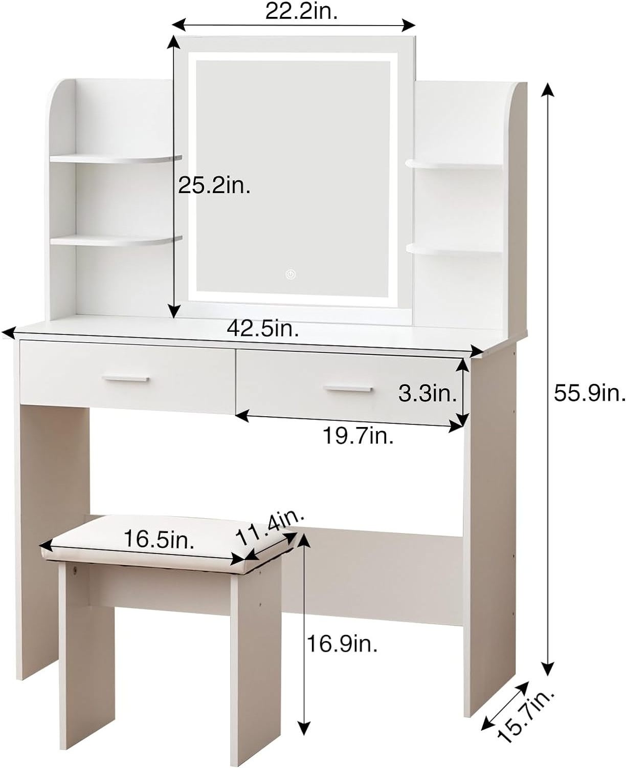 White Vanity with Mirror and Lights,Makeup Vanity Desk with Drawers & 6 Storage Shelves, Large Vanity Table Set