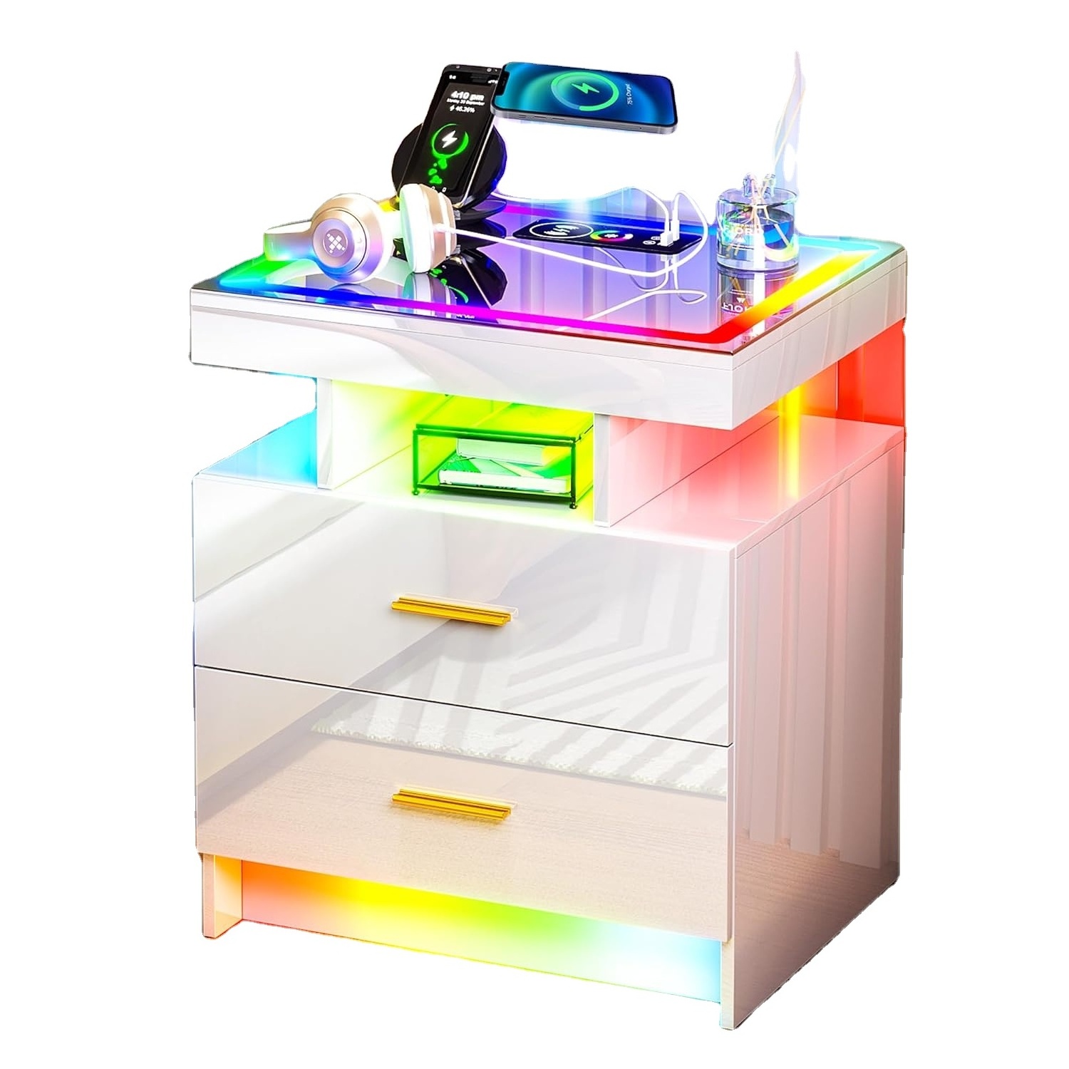 High gloss 2 drawers smart night stand with wireless charging station and USB ports for bedroom furniture