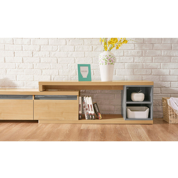 Retractable modern luxury wooden tv cabinet storage drawers open shelves simple design tv stand