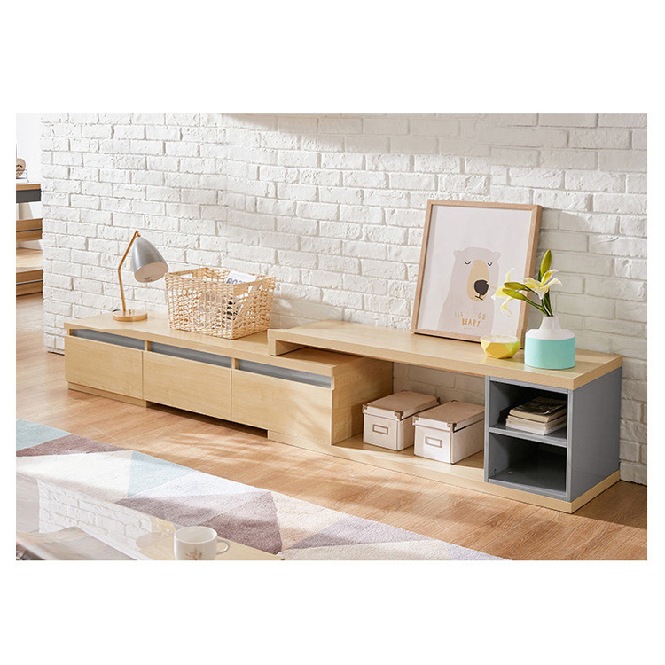 Retractable modern luxury wooden tv cabinet storage drawers open shelves simple design tv stand