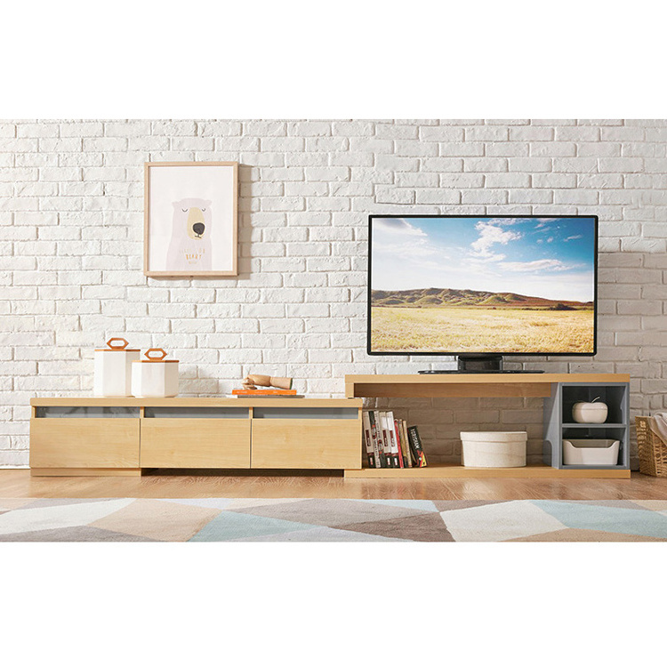 Retractable modern luxury wooden tv cabinet storage drawers open shelves simple design tv stand