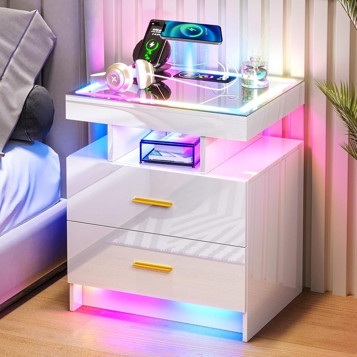 High gloss 2 drawers smart night stand with wireless charging station and USB ports for bedroom furniture