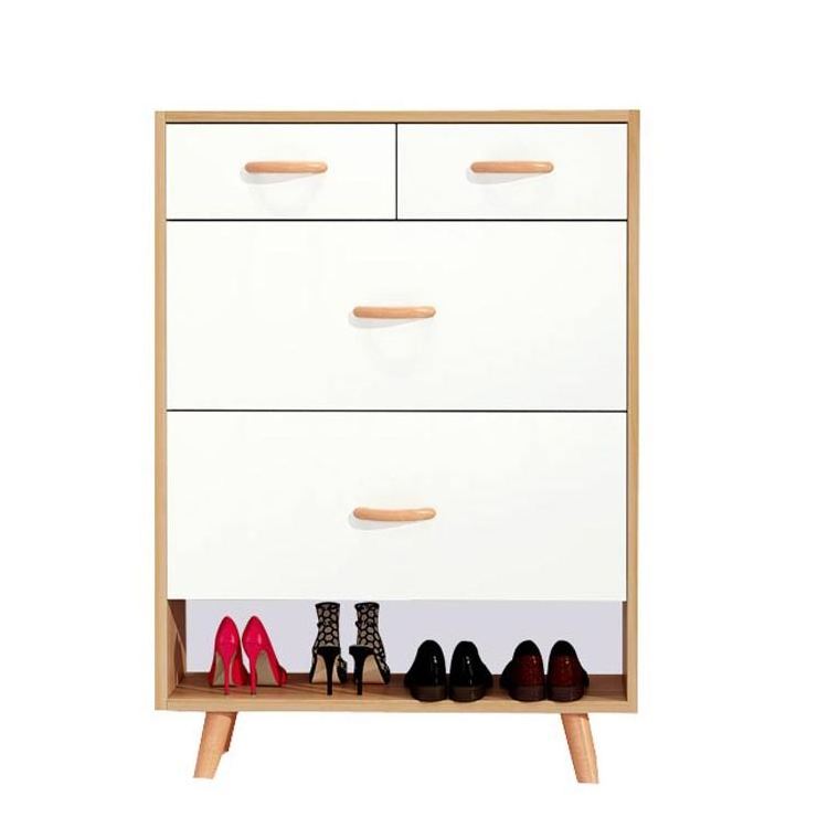 High quantity simple solid wooden legs 2 drawers and  2 flip doors shoe rack for living room