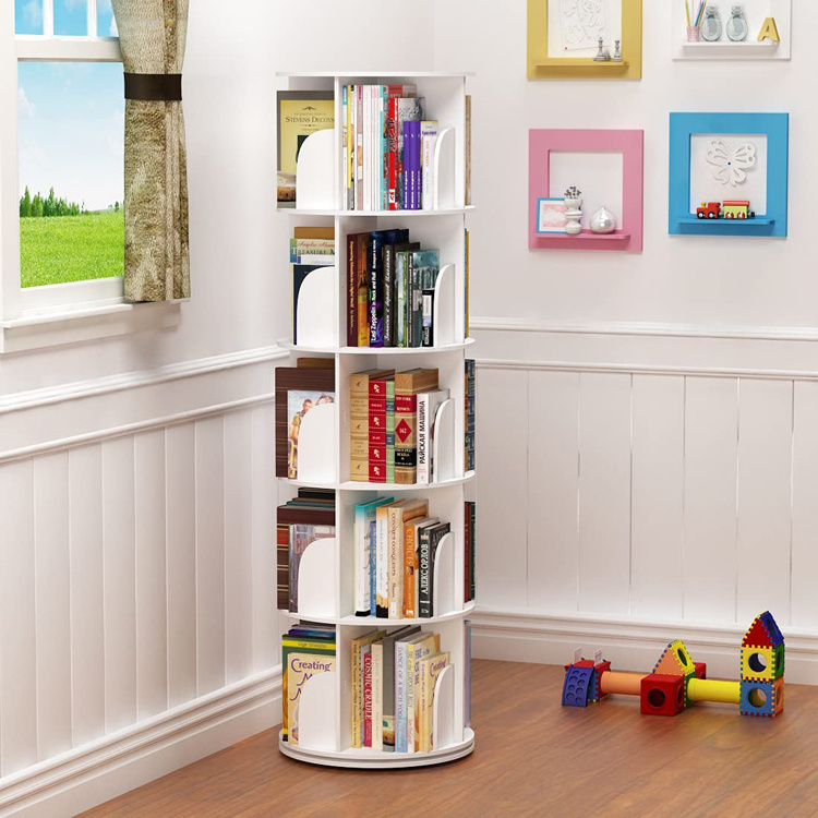 White multi purpose children library 360 degrees rotating book shelf for kids bedrooms