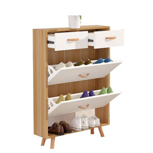 High quantity simple solid wooden legs 2 drawers and  2 flip doors shoe rack for living room