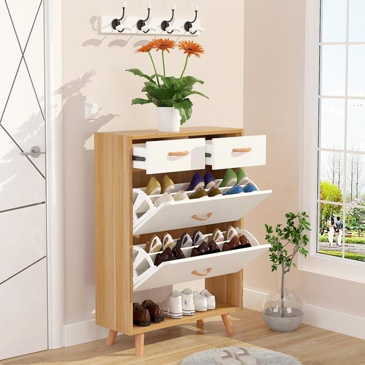 High quantity simple solid wooden legs 2 drawers and  2 flip doors shoe rack for living room