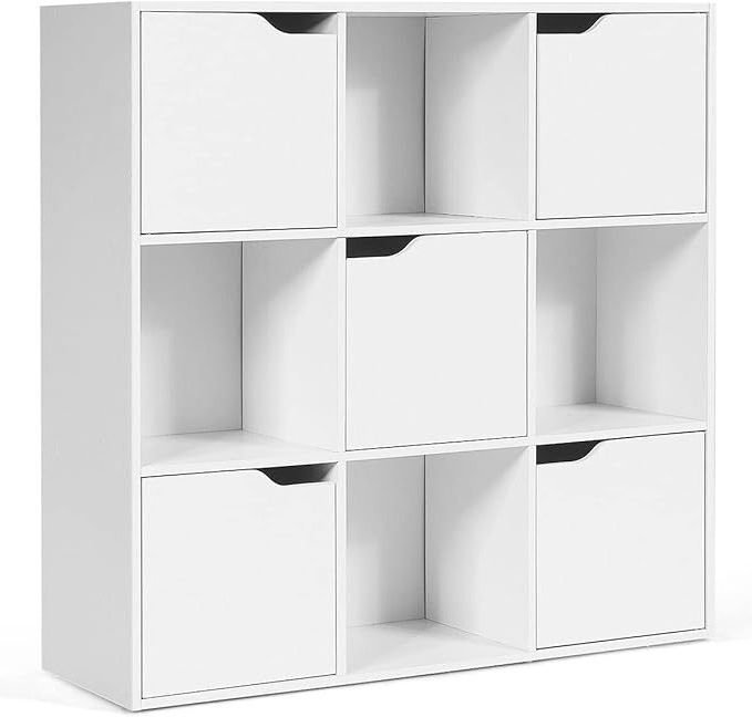 Wooden Bookcase Display Shelf, 3-Tier Storage Cabinet, 4 Open Cubes & 5 Doors, Bookshelf Storage Unit Organiser