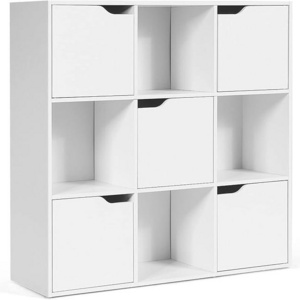 Wooden Bookcase Display Shelf, 3-Tier Storage Cabinet, 4 Open Cubes & 5 Doors, Bookshelf Storage Unit Organiser