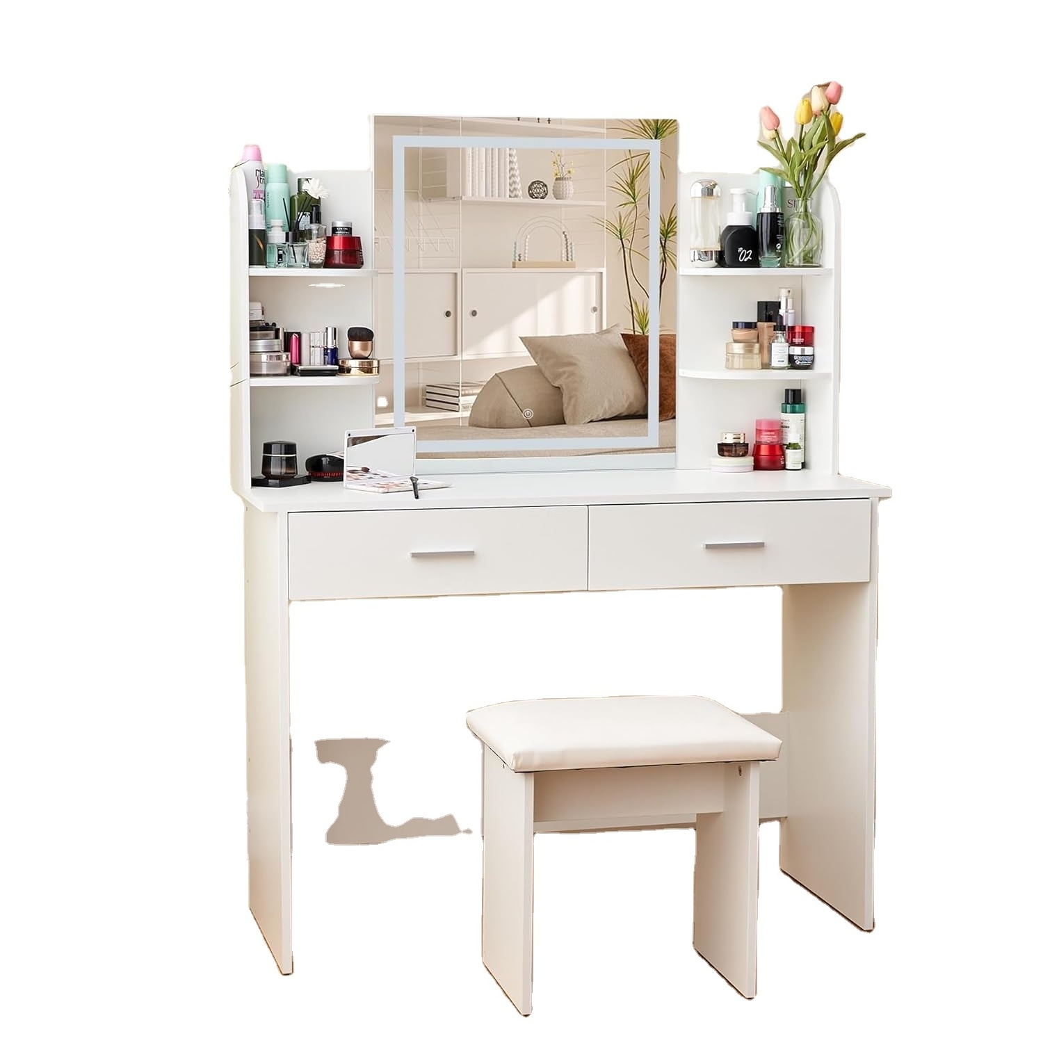 White Vanity with Mirror and Lights,Makeup Vanity Desk with Drawers & 6 Storage Shelves, Large Vanity Table Set