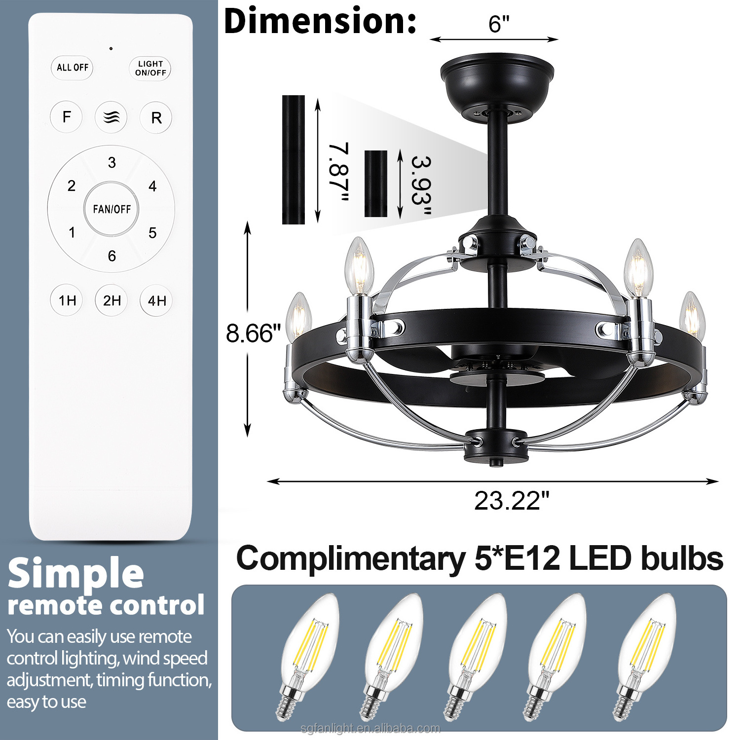 Copper Motor Decorative Black Bladeless Ceiling Fan Remote Control Candle Bulbs Caged LED Ceiling Fan With Light