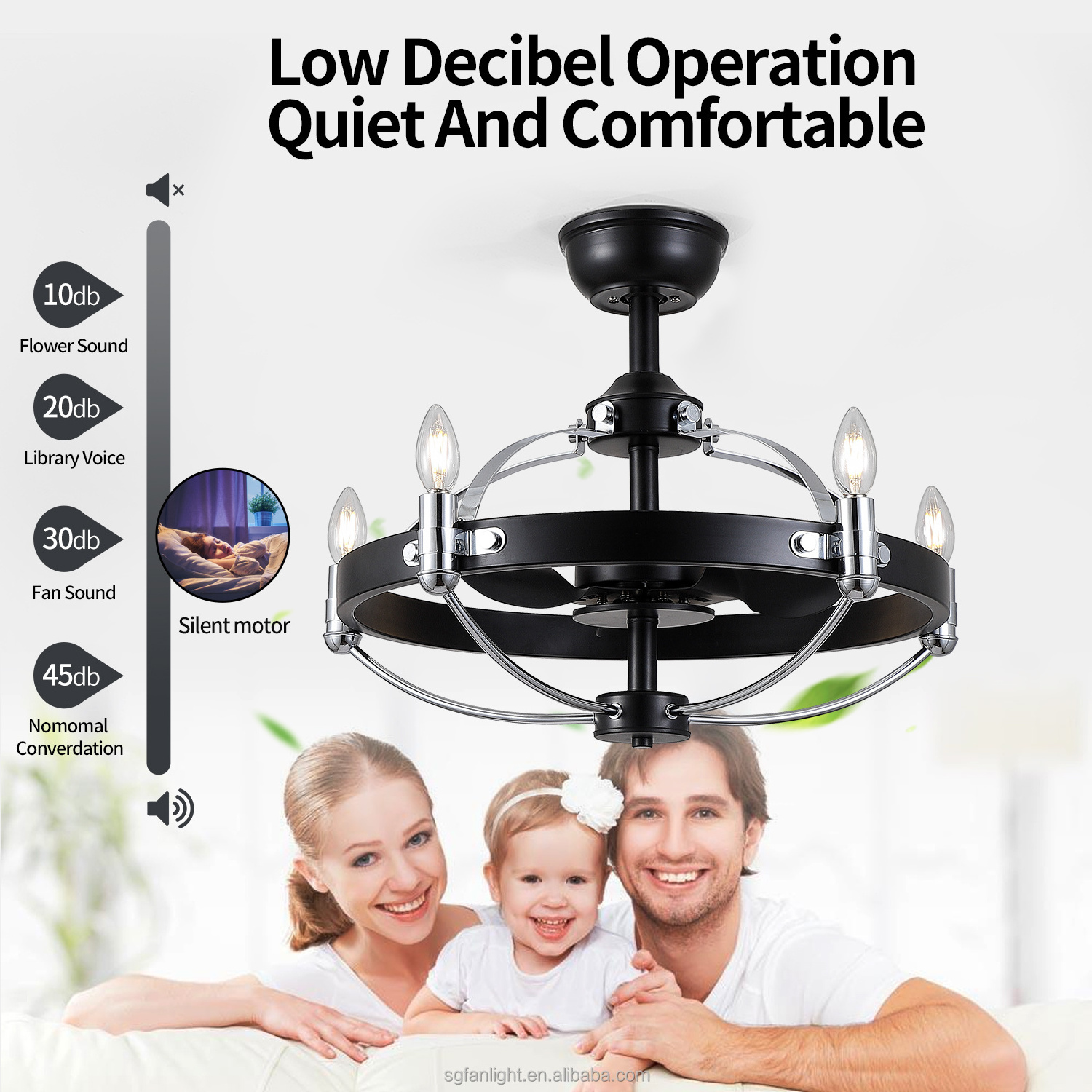 Copper Motor Decorative Black Bladeless Ceiling Fan Remote Control Candle Bulbs Caged LED Ceiling Fan With Light