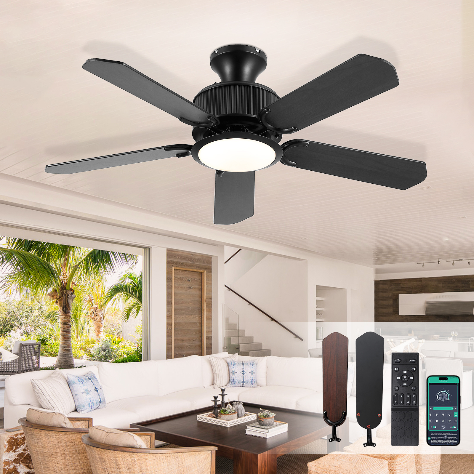 Farmhouse Decorative 52 Inch 5 Blades Acrylic Lampshade Remote Control Dc Motor Black LED Ceiling Fans with Light