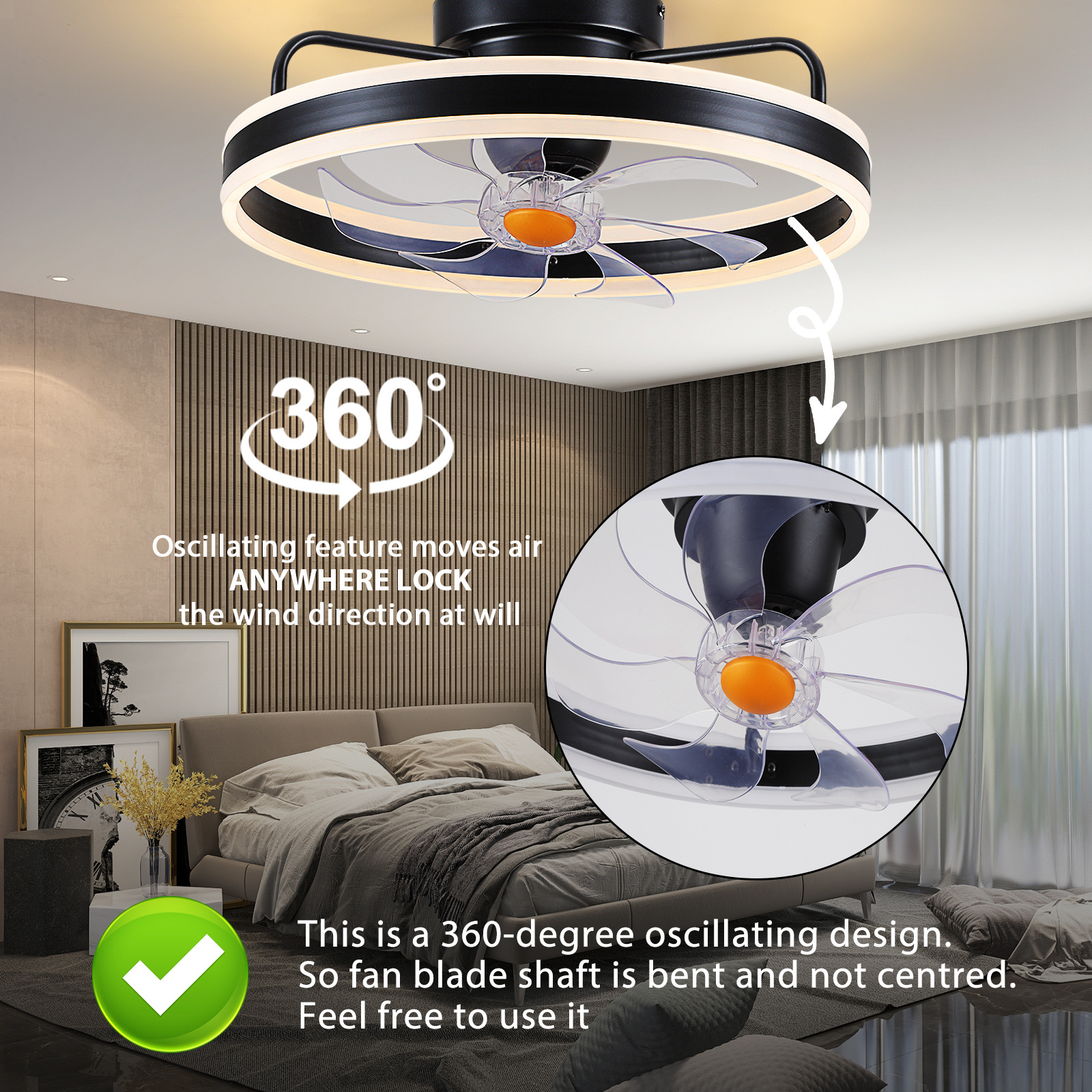 Rotatable Low Profile Ceiling Bedroom Fan Lamp Restaurant Balcony Flush Mount LED Ceiling Fan with Light and Remote Control