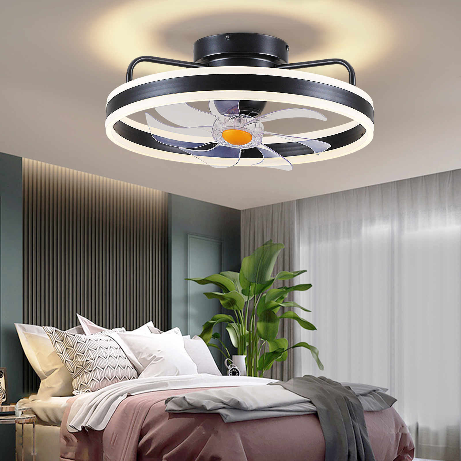 Rotatable Low Profile Ceiling Bedroom Fan Lamp Restaurant Balcony Flush Mount LED Ceiling Fan with Light and Remote Control