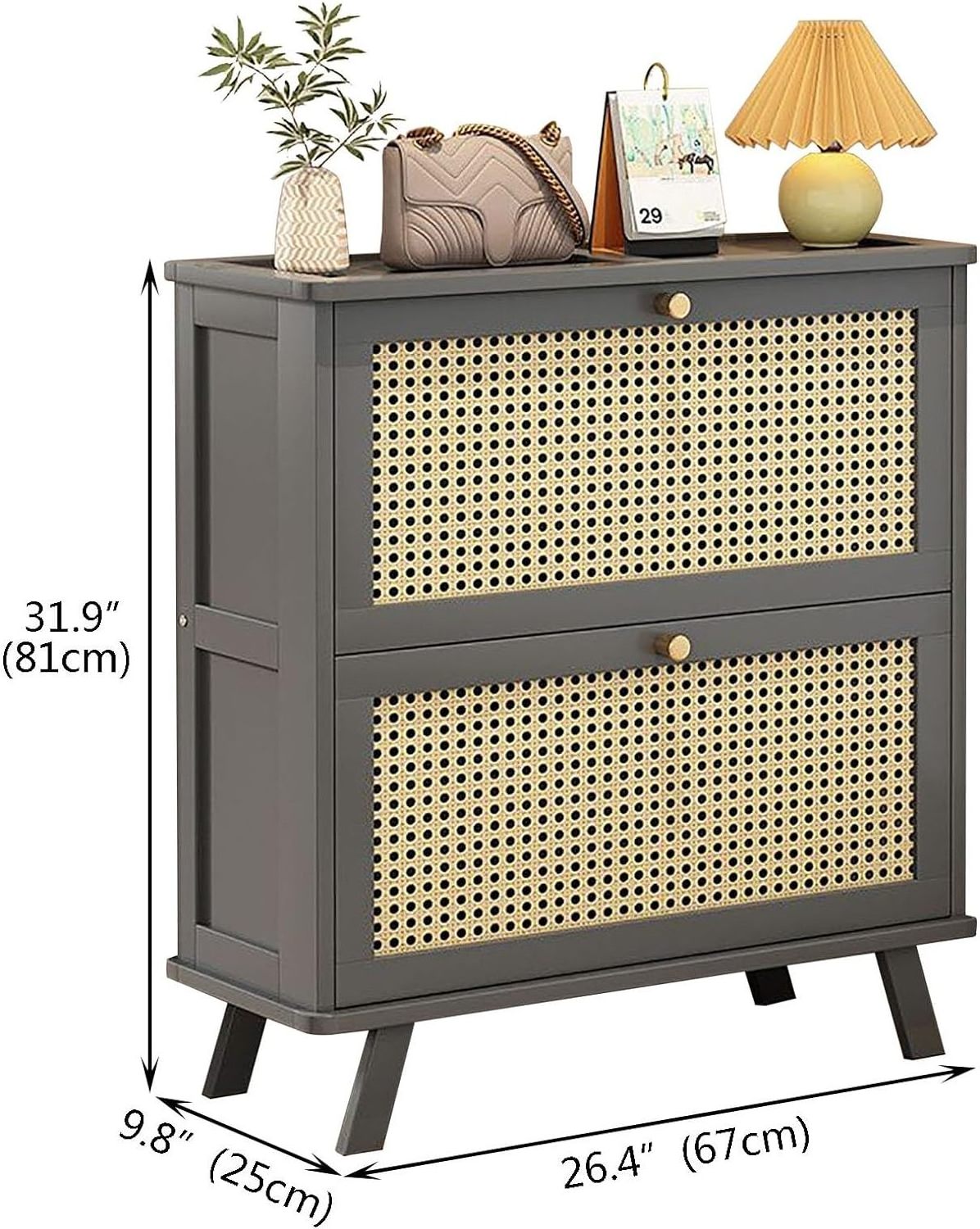 Narrow Rattan Woven Shoe Cabinet with Flip Drawers