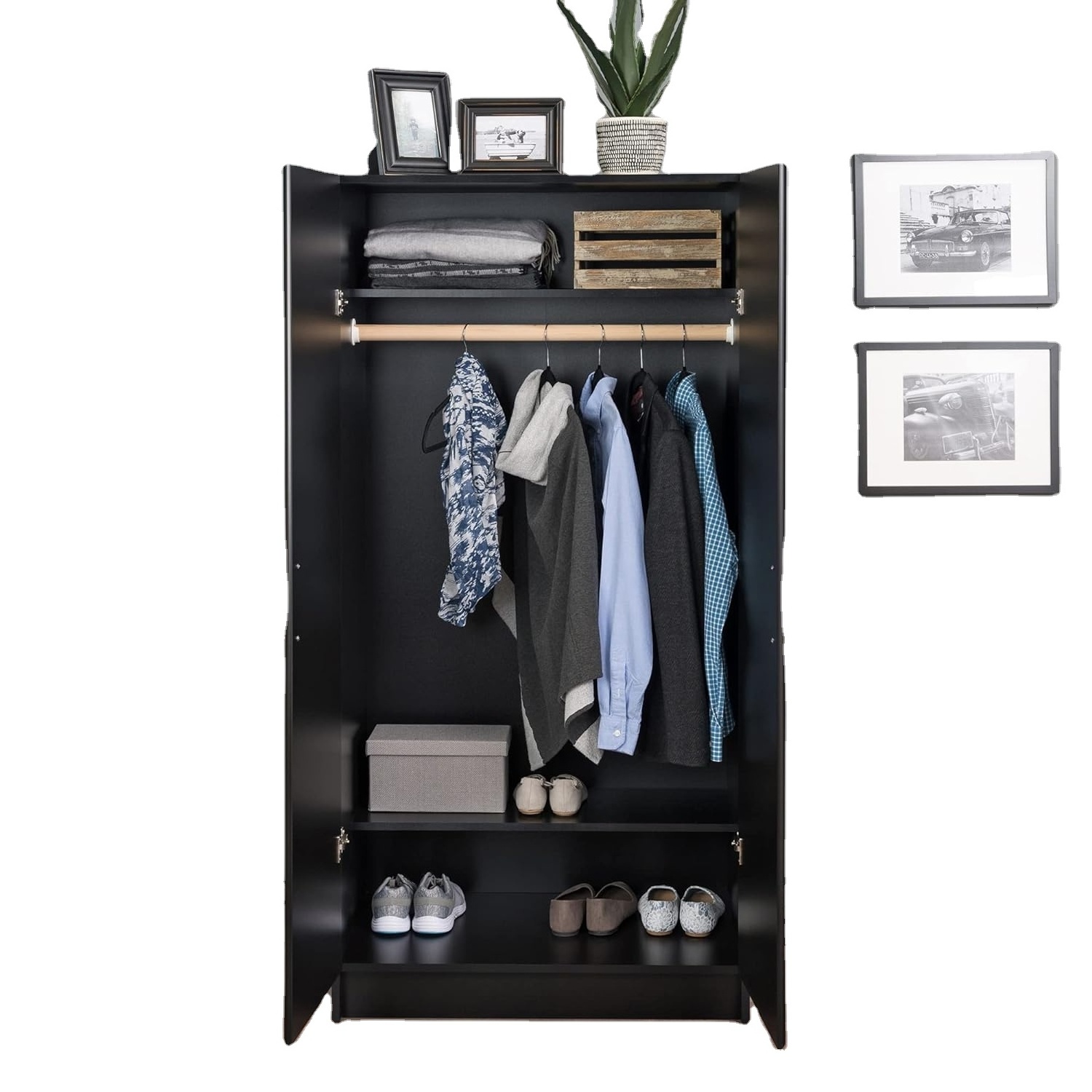 Black storage cabinet, linen cabinet, wardrobe cabinet with hanging rails and shelves