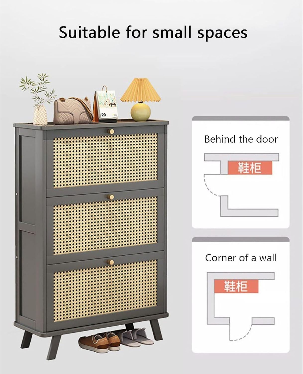 Narrow Rattan Woven Shoe Cabinet with Flip Drawers