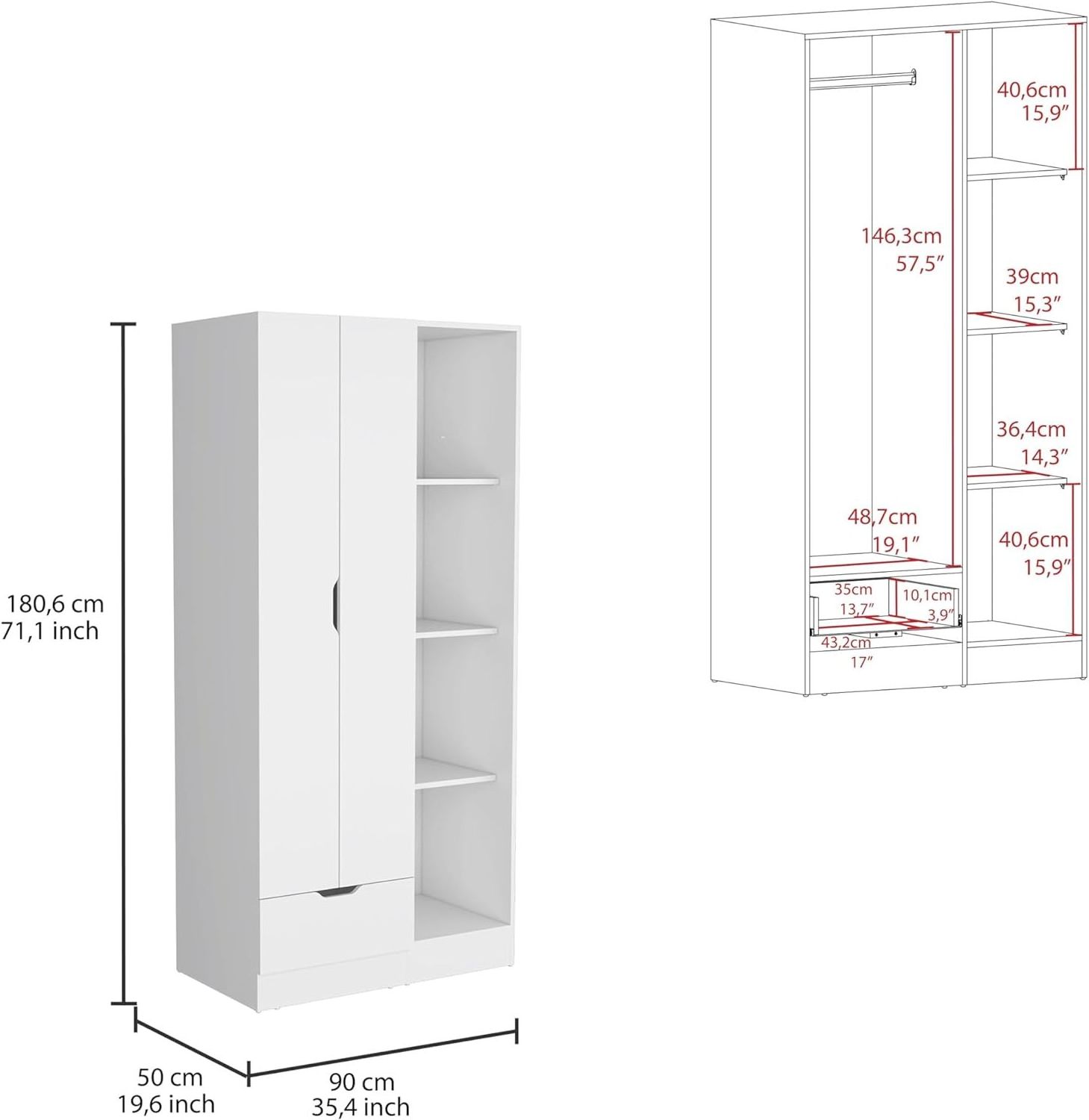 Wardrobe Armoire with 4-Tier Storage Shelves and 1 Drawer, White