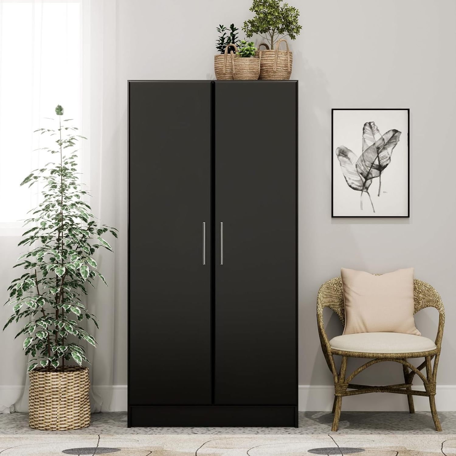 Black storage cabinet, linen cabinet, wardrobe cabinet with hanging rails and shelves