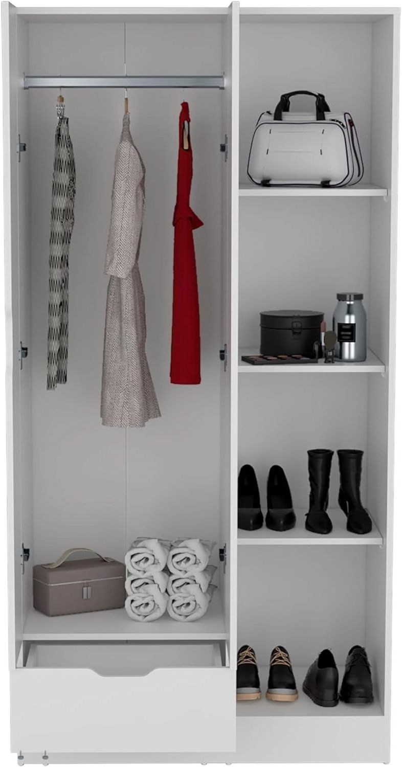 Wardrobe Armoire with 4-Tier Storage Shelves and 1 Drawer, White