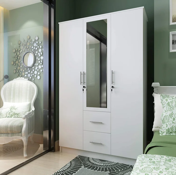 Simple Design Panel Wood Storage Wardrobe Closet with Mirror Wardrobe with Locks and Doors and Drawers Bedroom Furniture