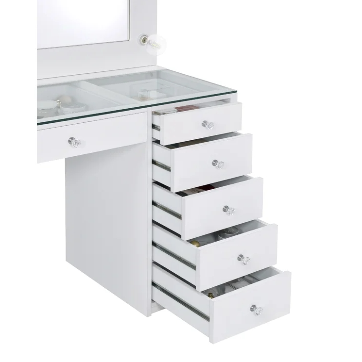 7-Drawer Makeup Vanity Table with LED Hollywood Mirror Lighting Crystal Acrylic Knob Handle Glass Top Dressing Table