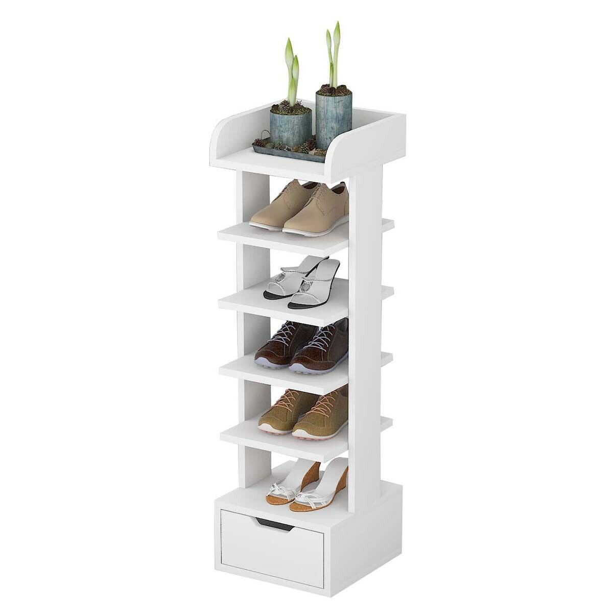 White Wooden Tiers Slim Narrow Tall Shoe Rack Storage Free Stand Shoe Shelves