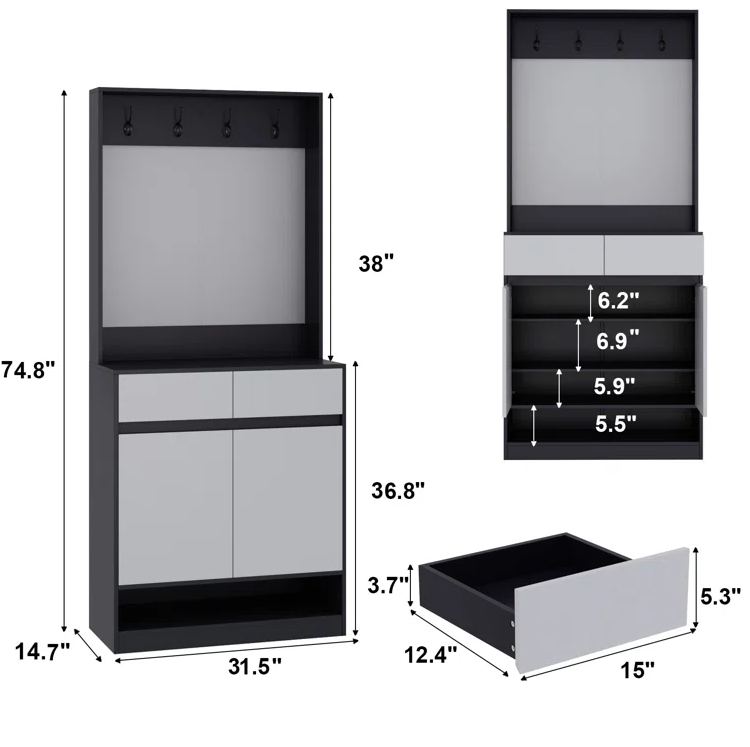 Elegant Design 16 Pair Shoe Storage Cabinet Contemporary Black Particle Shoe Rack with Clothes Hanger Hallway Cabinet