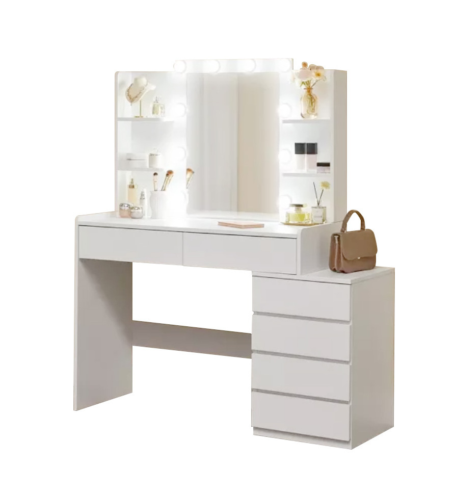 Vanity Desk with Light Bulbs and Shelves Mirrored Vanity Dressing Table for Bedroom Make up Table