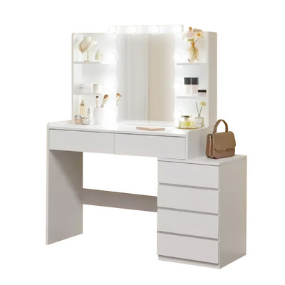 Vanity Desk with Light Bulbs and Shelves Mirrored Vanity Dressing Table for Bedroom Make up Table