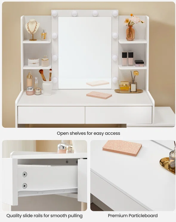 Vanity Desk with Light Bulbs and Shelves Mirrored Vanity Dressing Table for Bedroom Make up Table