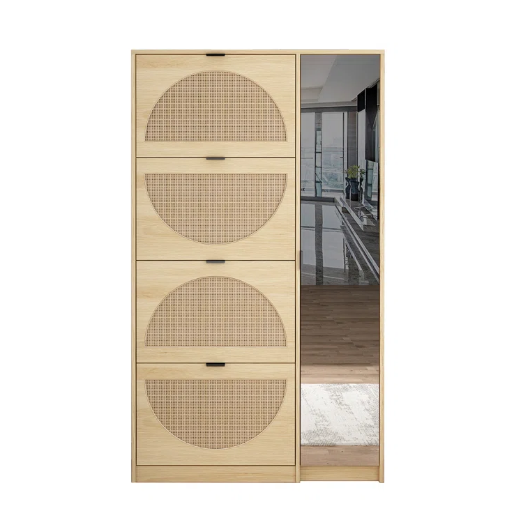 24 Pairs Manufactured Wood Shoe Storage Cabinet with Mirror Living Room Natural Rattan Door Shoe Rack