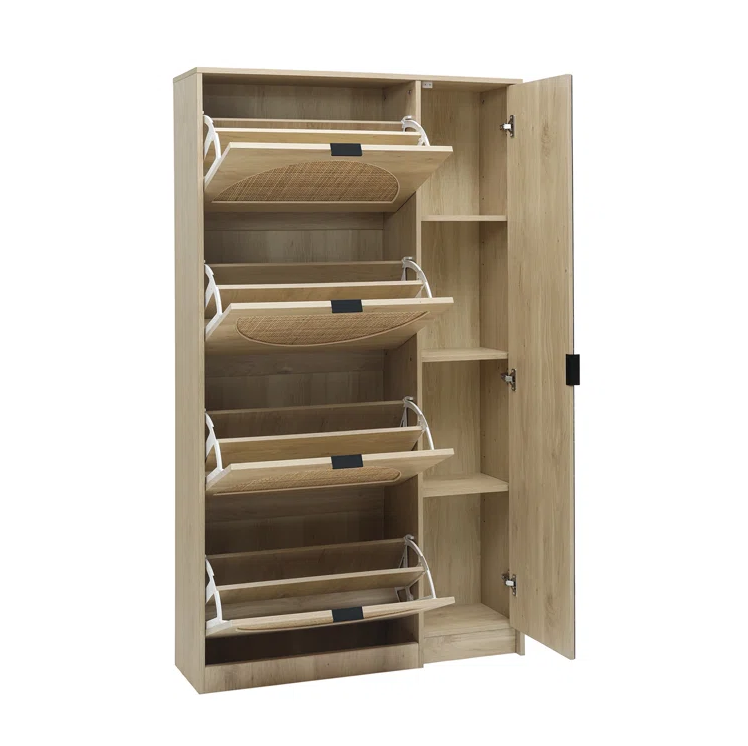 24 Pairs Manufactured Wood Shoe Storage Cabinet with Mirror Living Room Natural Rattan Door Shoe Rack