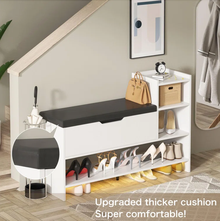 Multi-functional Entryway Bench Living Room Furniture Flip Storage Box Shoe Cabinet with LED Light Strip Shoe Rack