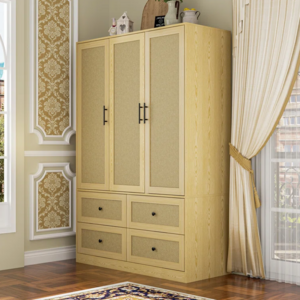 Elegant and Rustic Rattan Weave Surface Wardrobe Closet with Drawers and Doors Modern Functional Wardrobe Bedroom Furniture