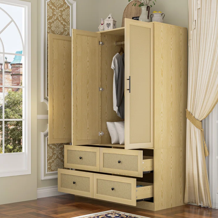 Elegant and Rustic Rattan Weave Surface Wardrobe Closet with Drawers and Doors Modern Functional Wardrobe Bedroom Furniture