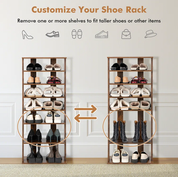 Tall and Narrow Design 16 Pair Shoe Cabinet Living Room Furniture Entryway 7 Tiers and Double Open Shelves Shoe Rack