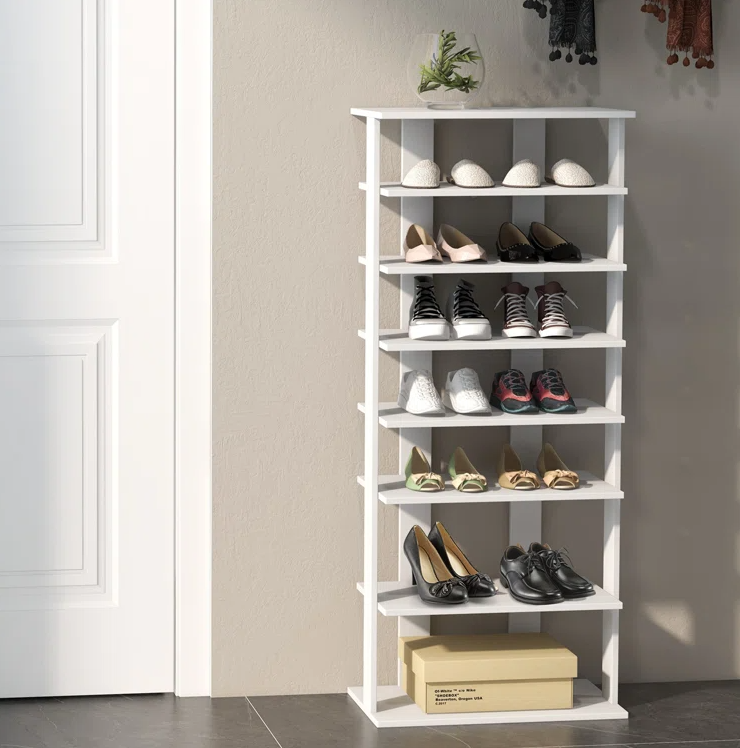 Tall and Narrow Design 16 Pair Shoe Cabinet Living Room Furniture Entryway 7 Tiers and Double Open Shelves Shoe Rack