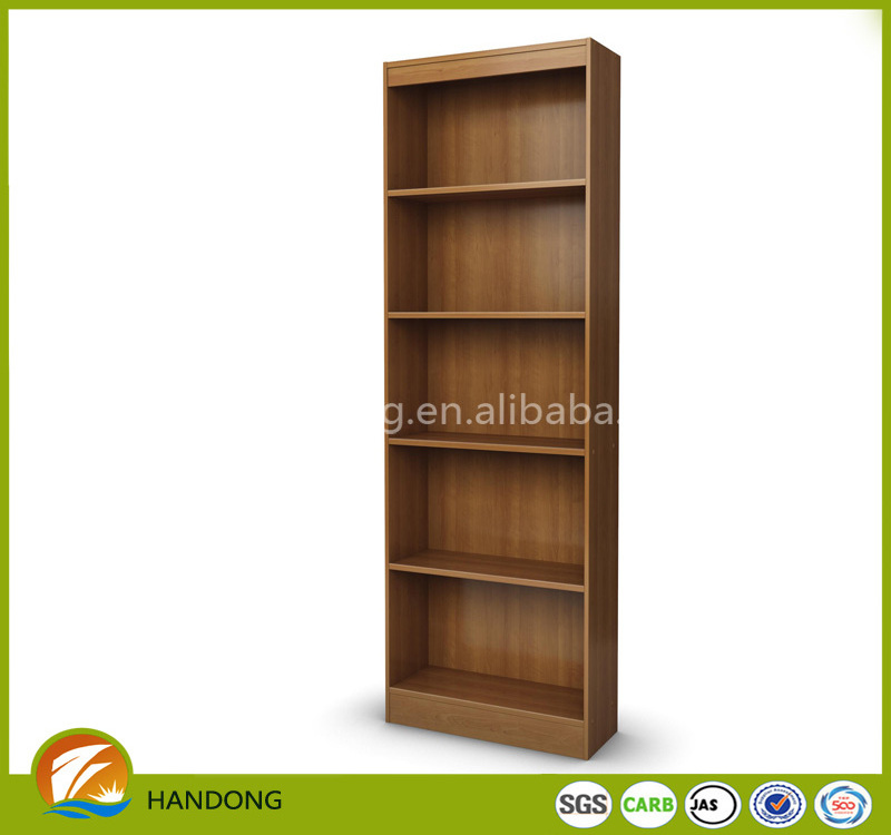 Large tall narrow 5 shelf dark wood vertical corner bookshelf